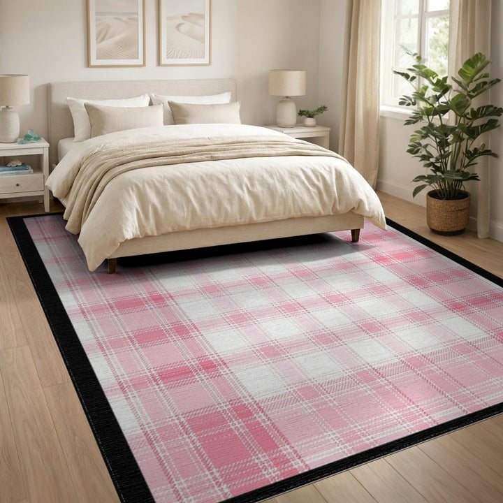 Pink Plaid Washable Pink Area Rug