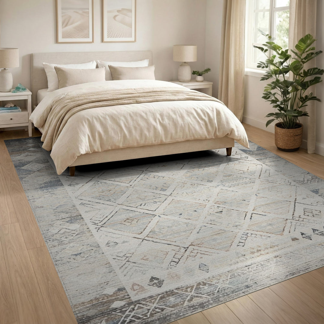 Blue Distressed Tribal Diamond Area Rug