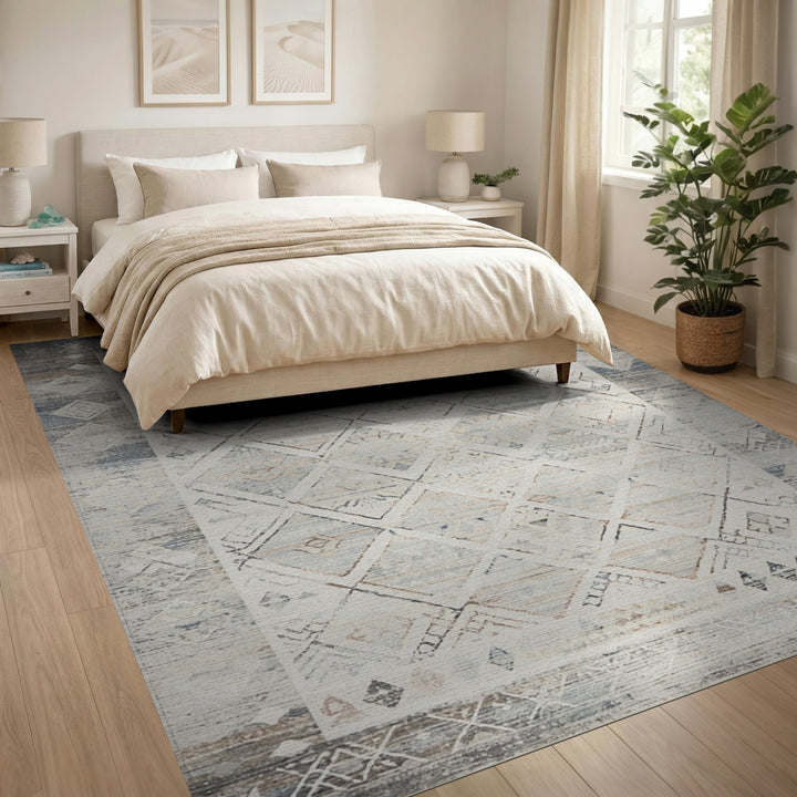 Blue Distressed Tribal Diamond Area Rug