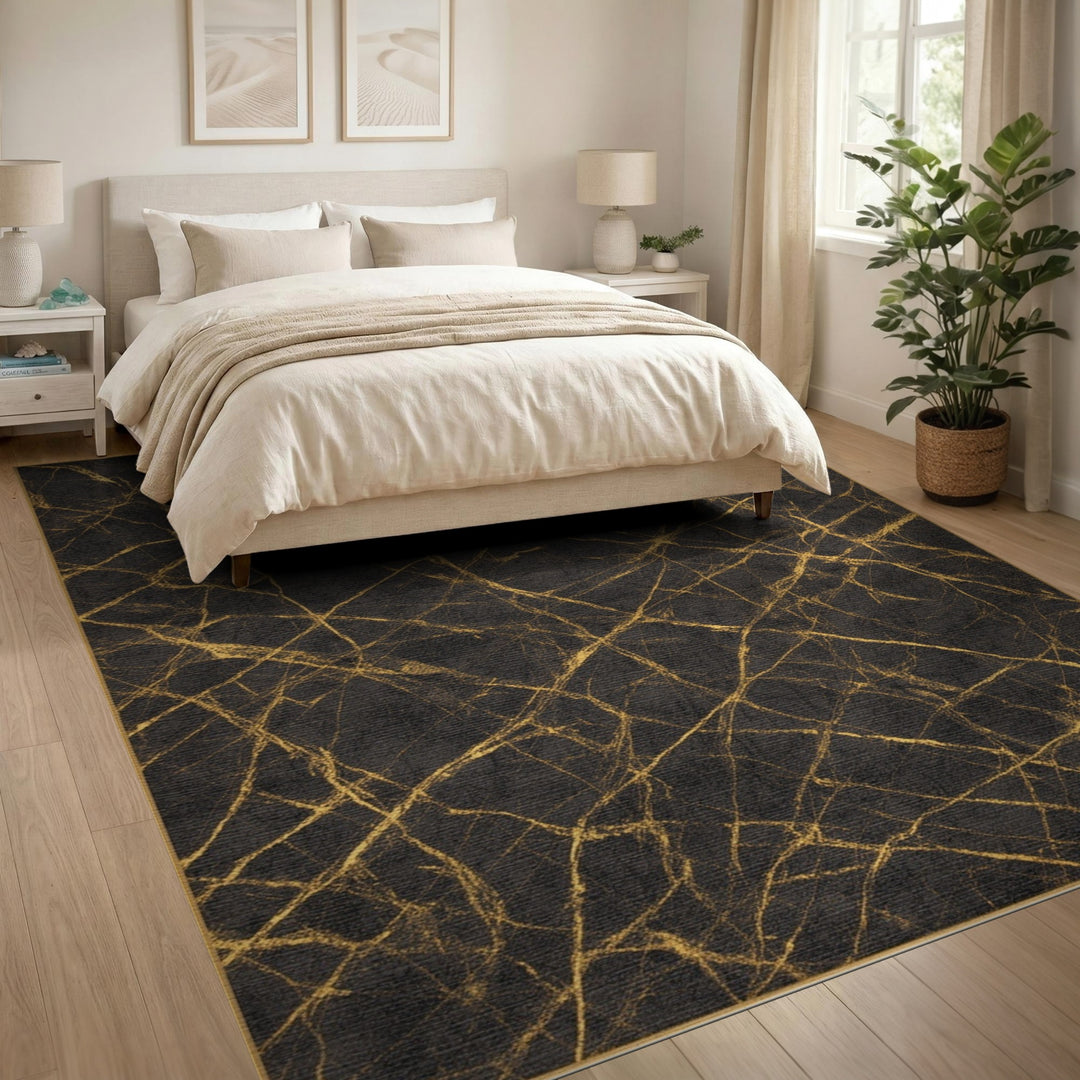 Gold and Silver Black and Gold Abstract Marble Area Rug
