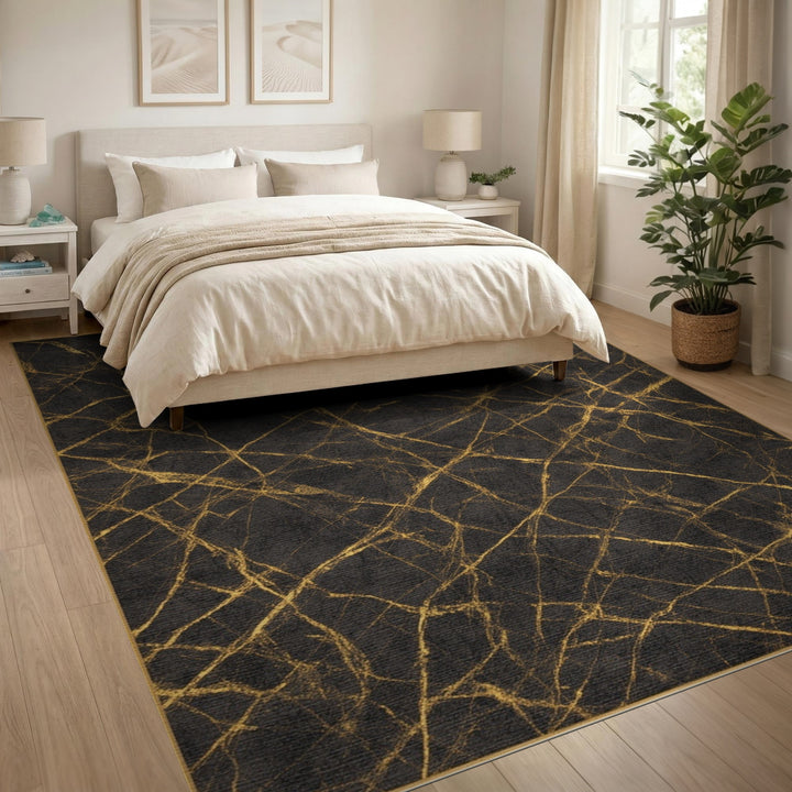 Gold and Silver Black and Gold Abstract Marble Area Rug