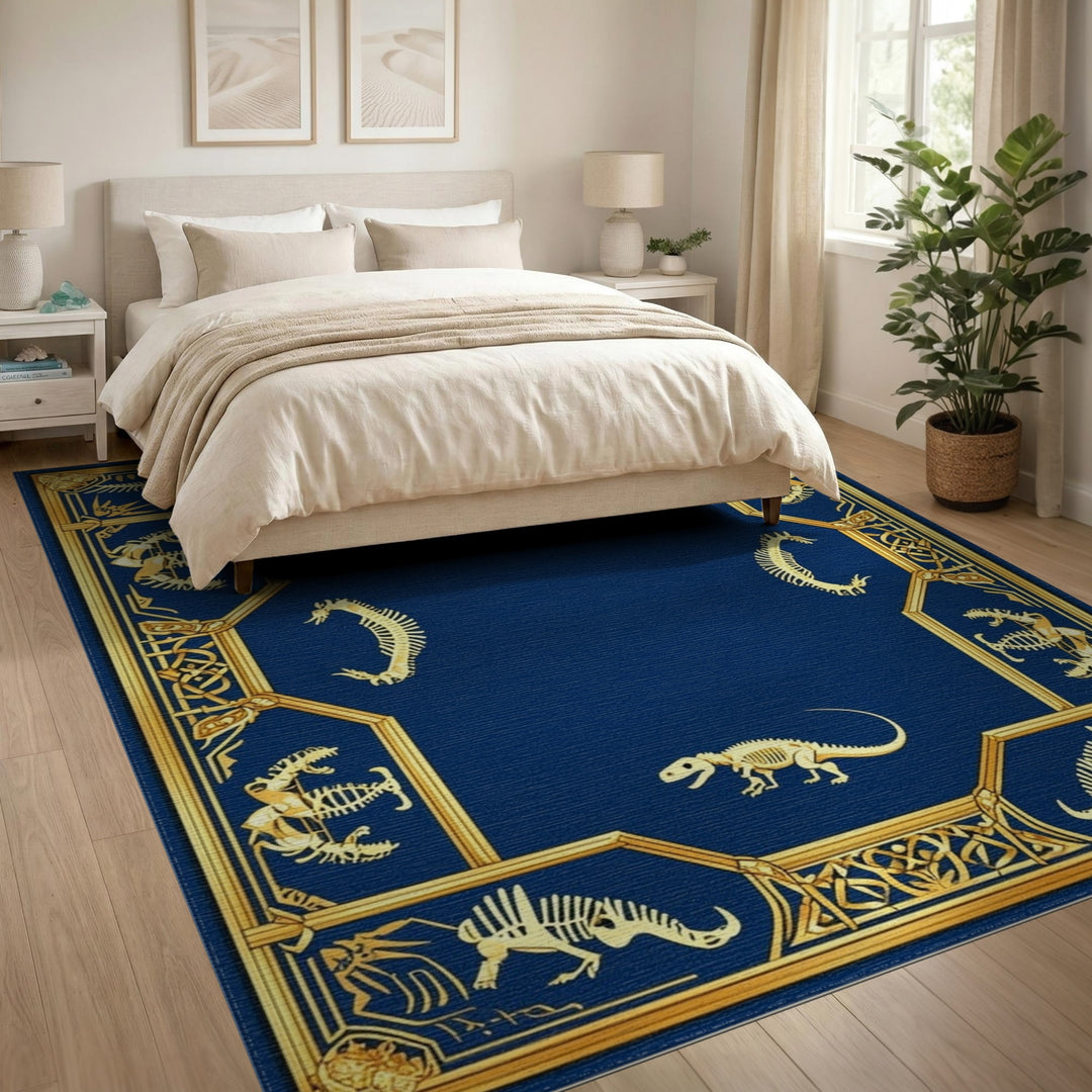 Dinosaur Skeleton Blue Gold Area Rug