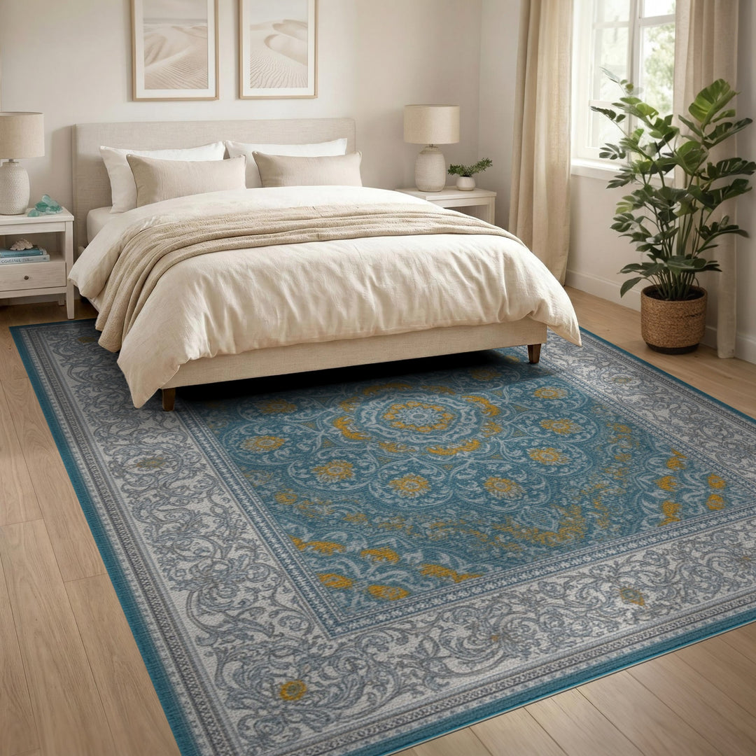 Blue Teal Persian Medallion Area Rug