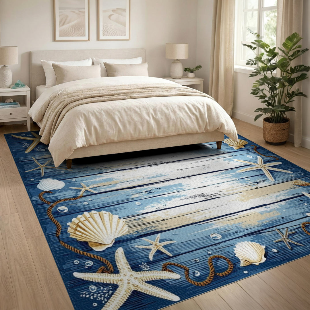 Blue and Teal Coastal Blue Starfish Seashell Area Rug