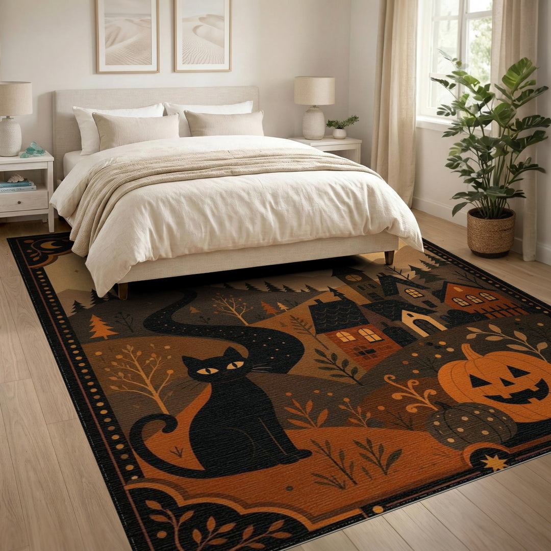 Multi-color and Patterns Black Cat Pumpkin Halloween Area Rug