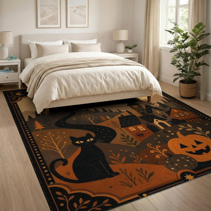 Multi-color and Patterns Black Cat Pumpkin Halloween Area Rug