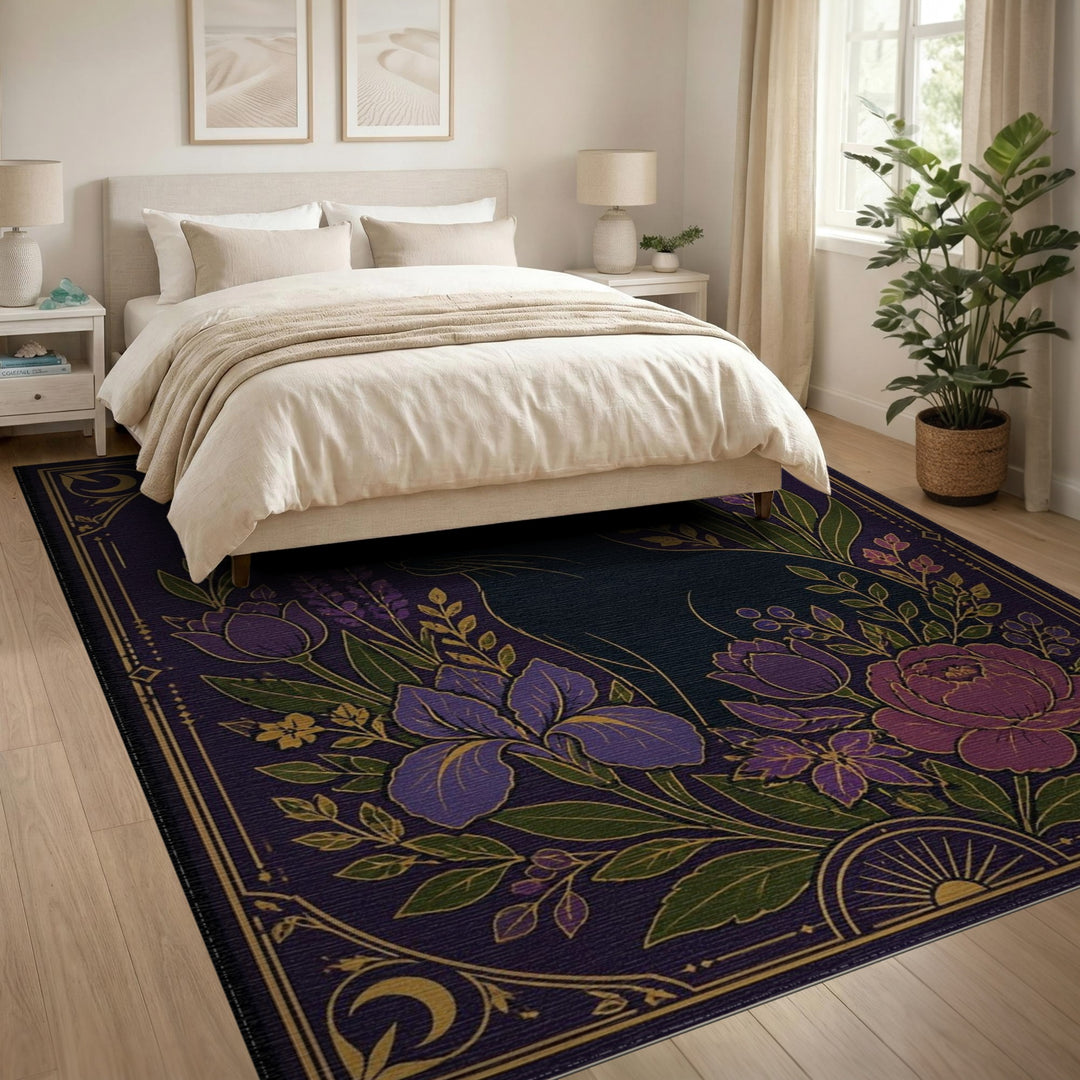 Mystic Black Cat Purple Floral Vintage Area Rug