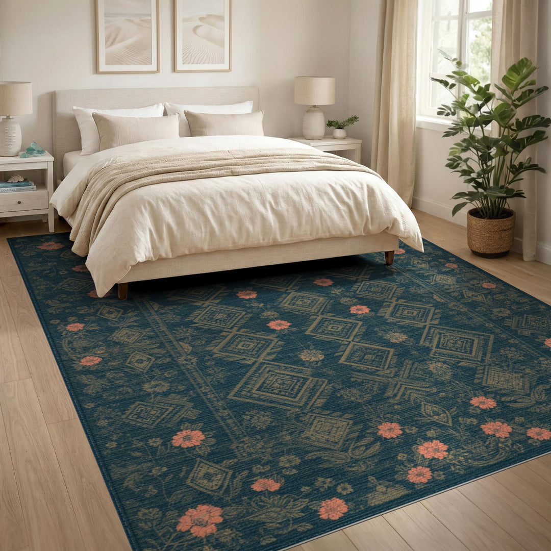 Teal Coral Floral Diamond Area Rug
