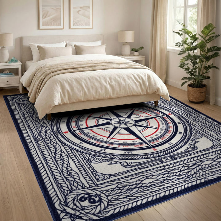 Nautical Compass Rope Border Area Rug