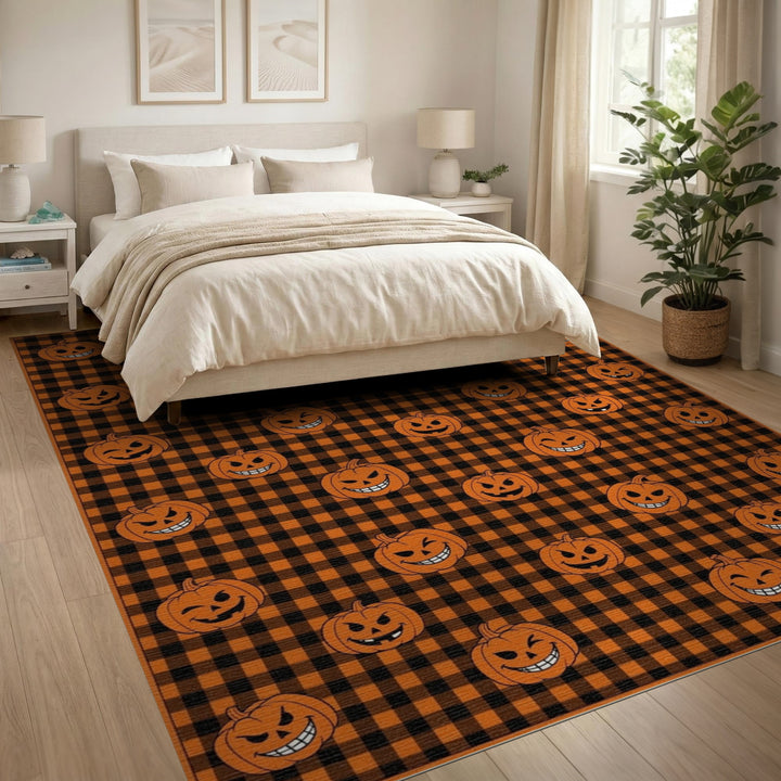 Kids Cartoon Orange Pumpkin Checkered Area Rug