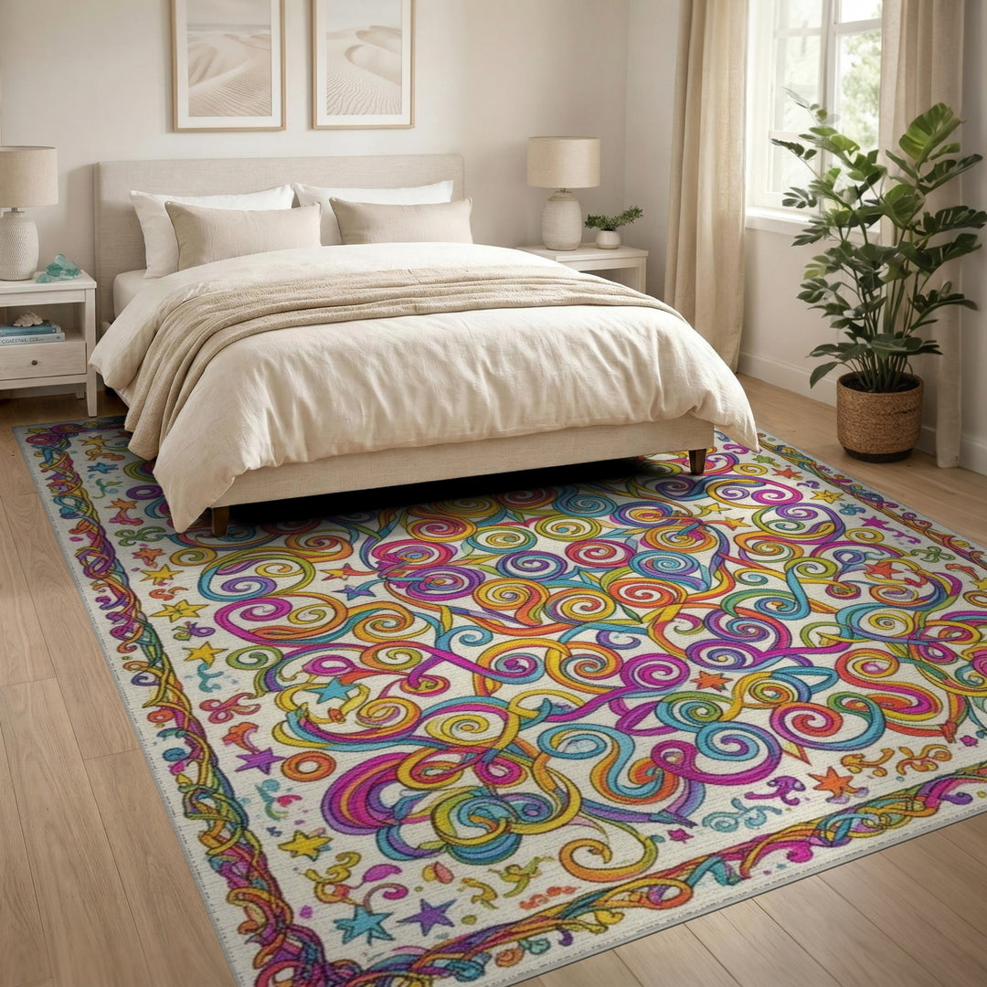 Vibrant Rainbow Swirl Stars Area Rug