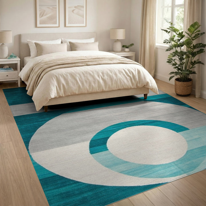 Blue and Teal Geometric Circles Modern Area Rug