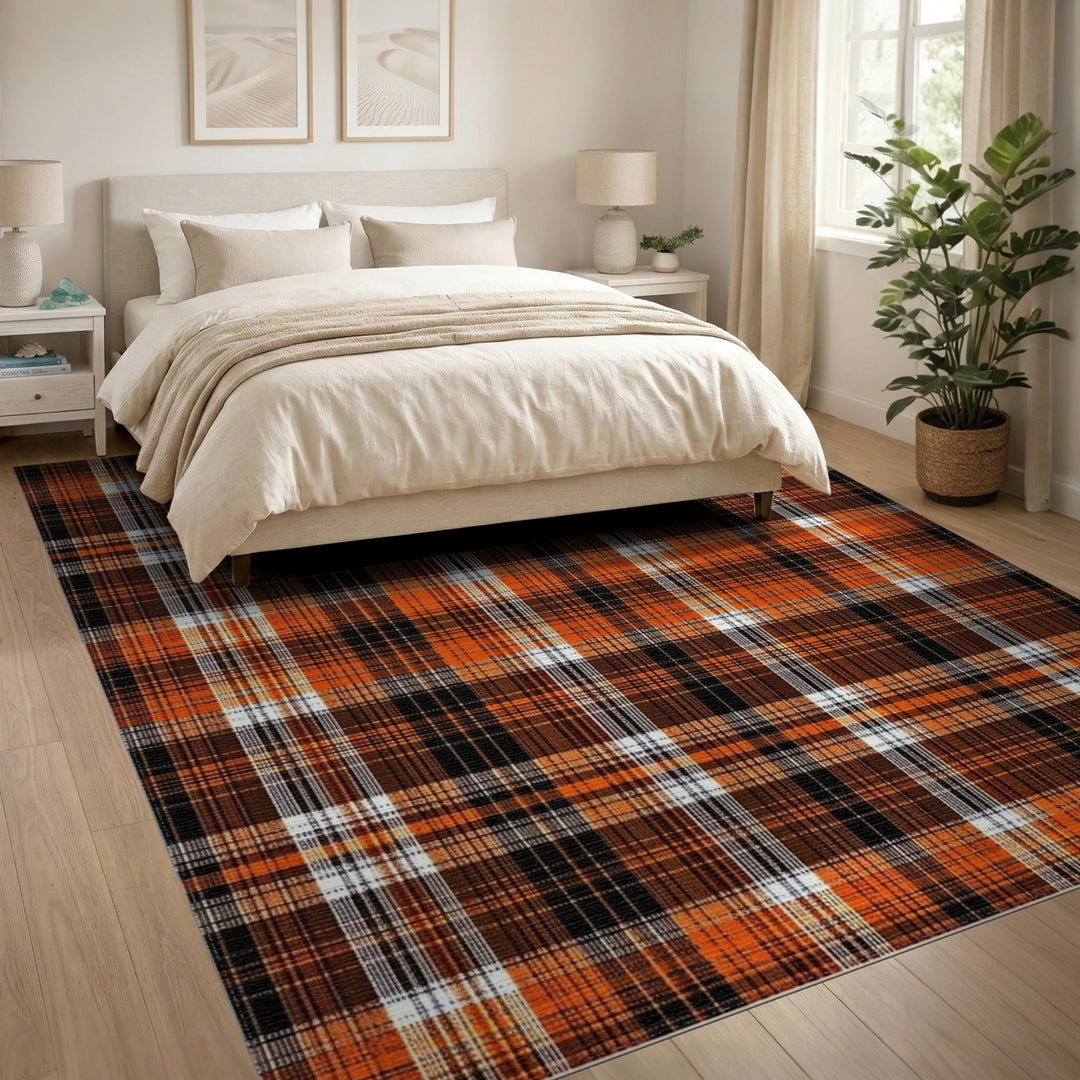 Orange Plaid Washable Geometric Modern Area Rug