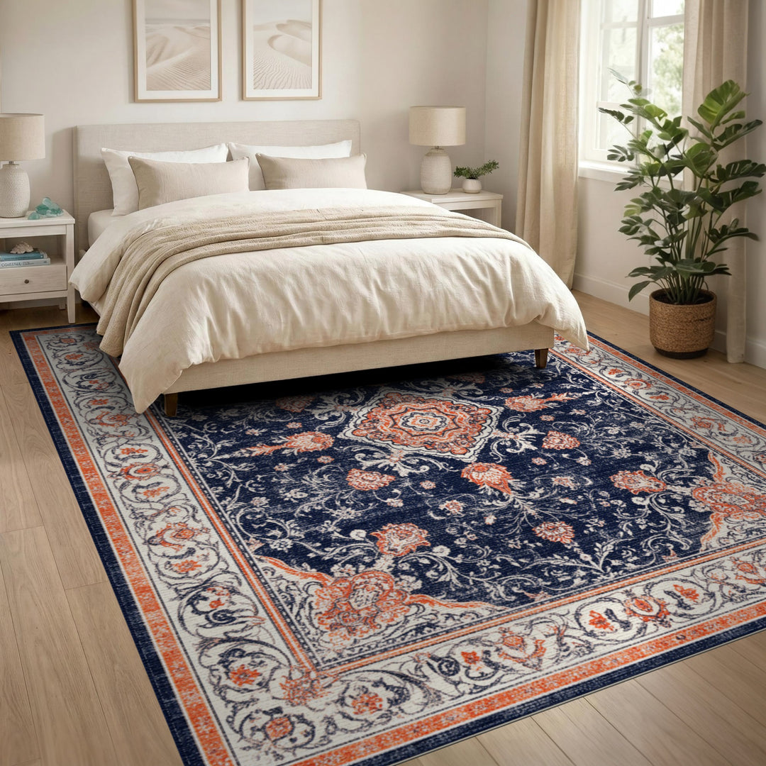 Blue and Teal Navy Blue Floral Traditional Persian Area Rug