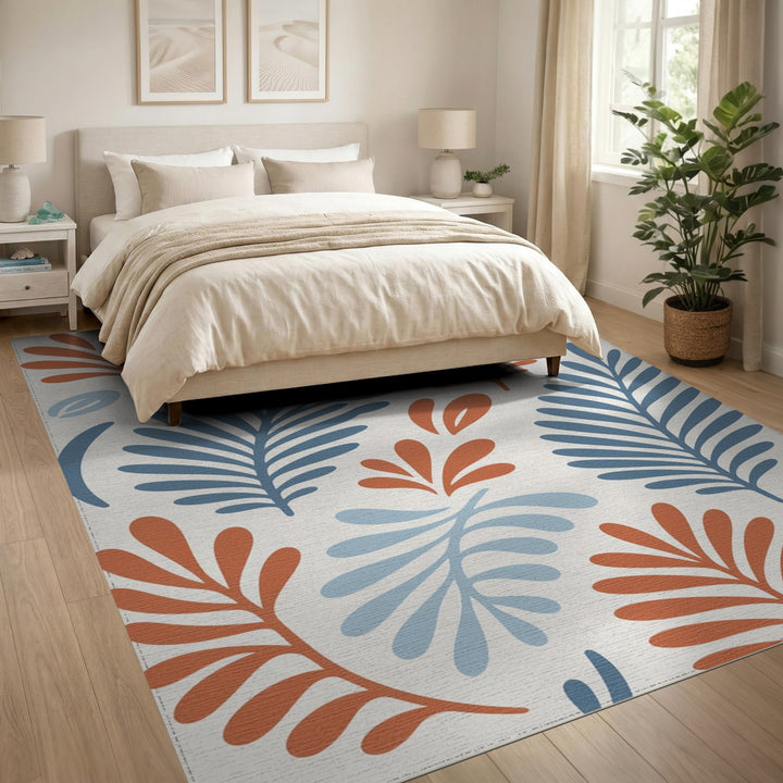 Blue and Orange Abstract Leaf Area Rug