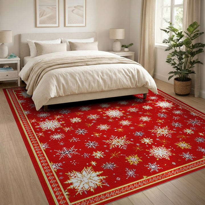 Red Geometric Modern Red Snowflake Area Rug