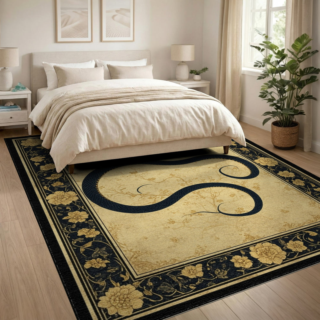 Black Serpent Beige Floral Vintage Area Rug