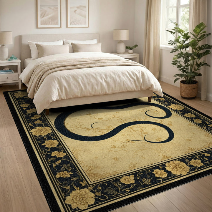 Black Serpent Beige Floral Vintage Area Rug
