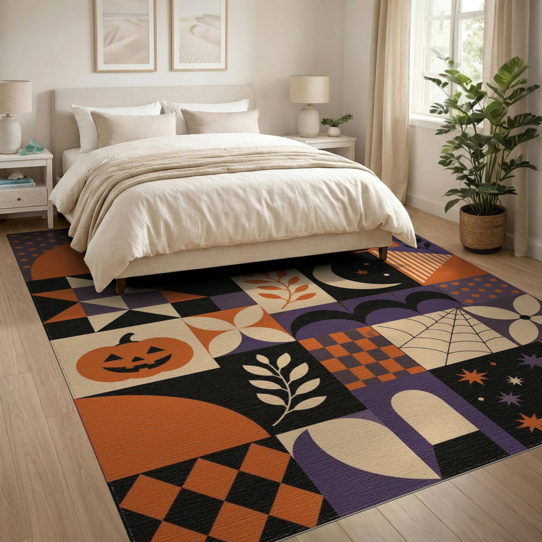 Halloween Geometric Area Rug with Pumpkins and Cats