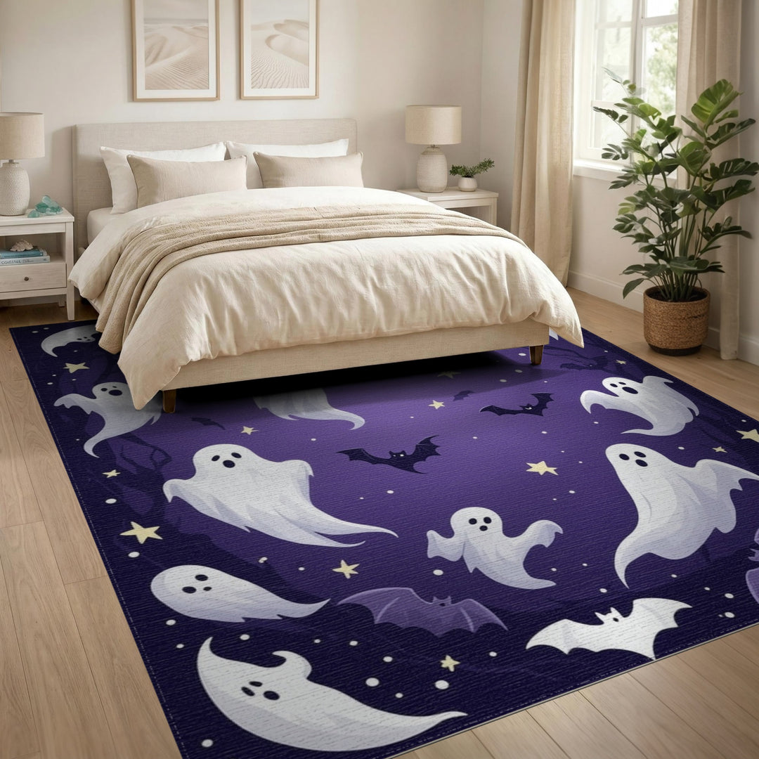 Halloween Ghosts and Bats Purple Area Rug