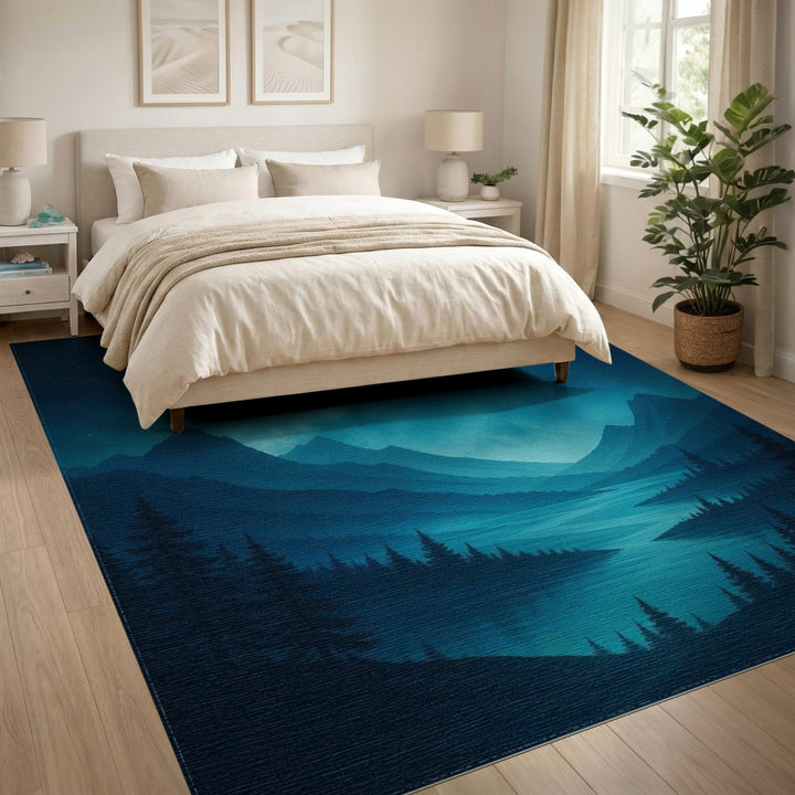 Blue Teal Mountain Lake Area Rug