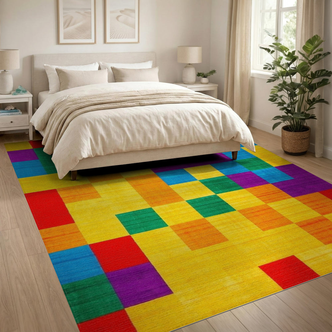 Vibrant Geometric Block Multi-Color Area Rug