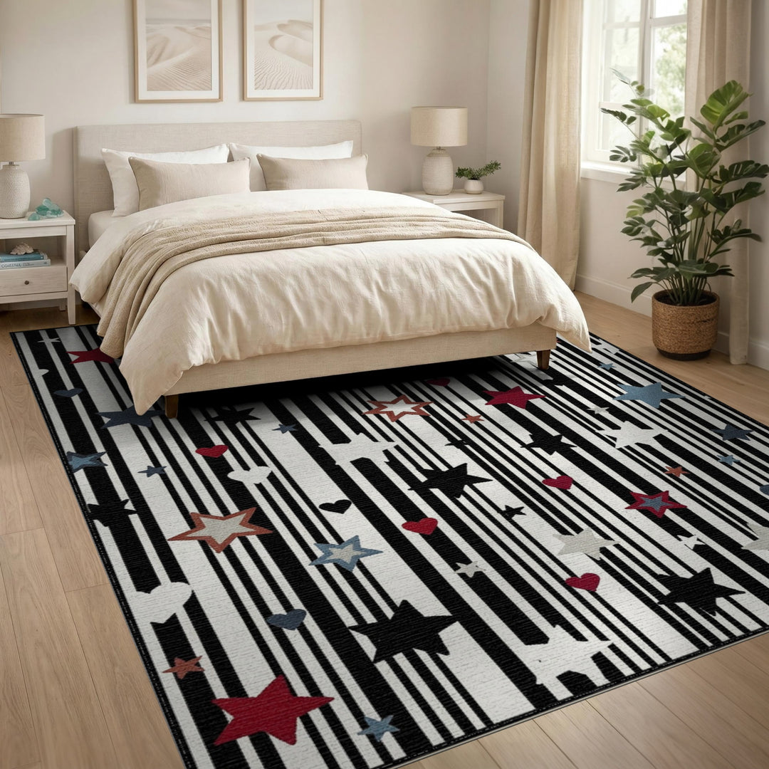 Black and White Black White Striped Stars and Hearts Area Rug