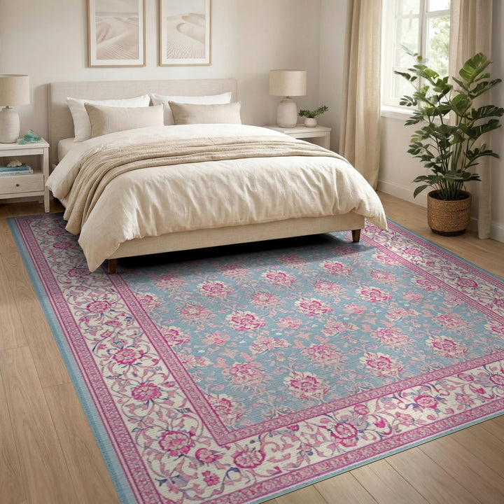 Blue Pink Floral Vintage Area Rug