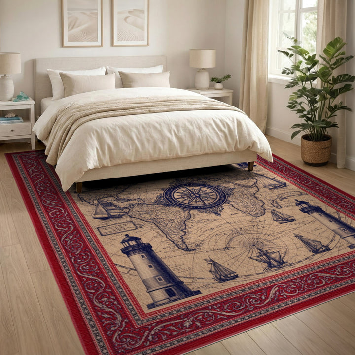 Vintage Nautical World Map Red Border Rug
