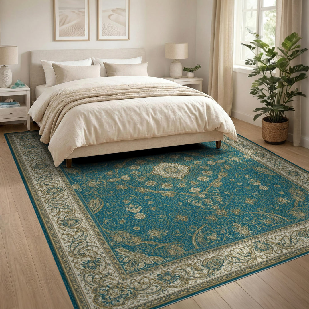 Traditional Persian Gold Teal Gold Persian Medallion Area Rug