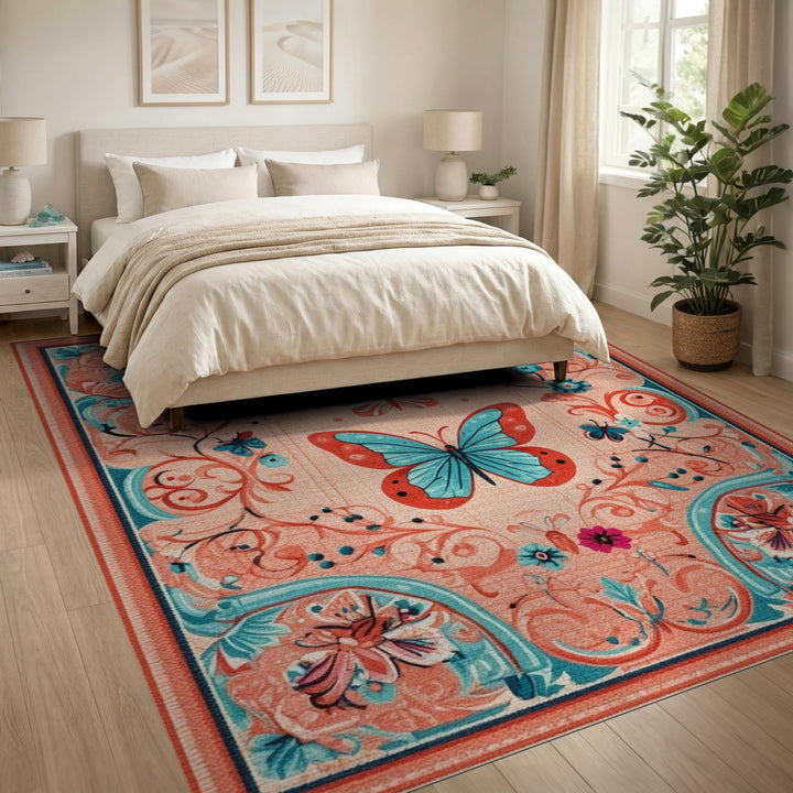 Blue Teal Butterfly Floral Vintage Area Rug