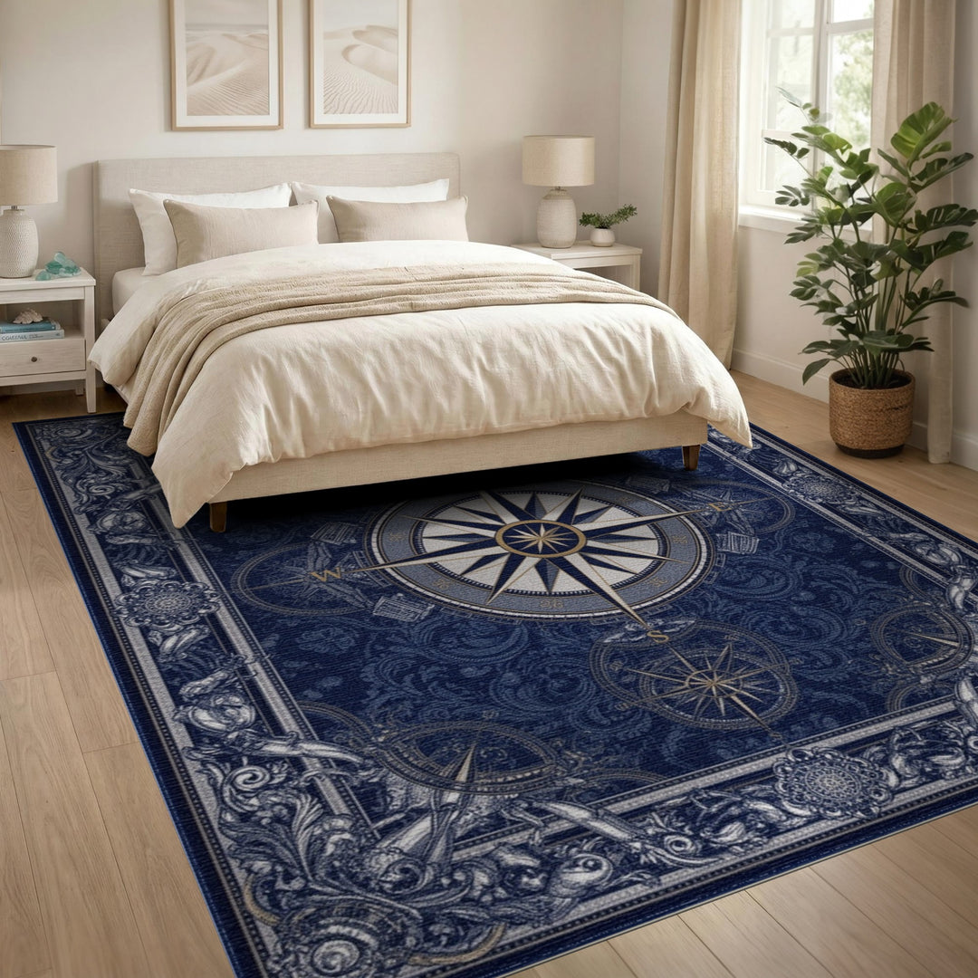 Navy Compass Rose Vintage Area Rug