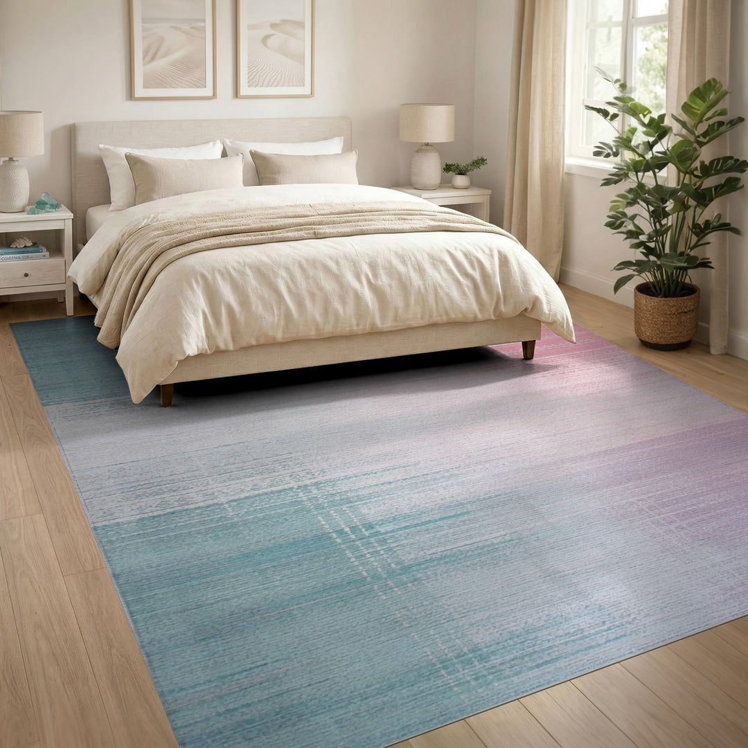 Pastel Teal Pink Plaid Distressed Area Rug
