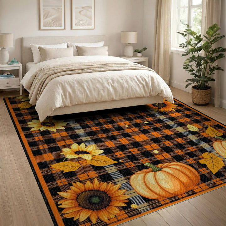 Orange Plaid Sunflower Pumpkin Area Rug