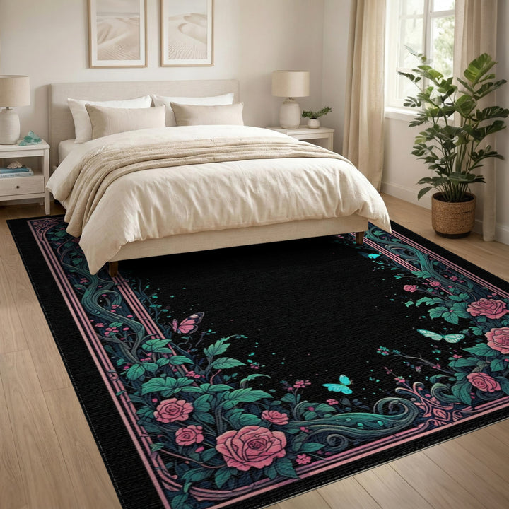 Pink Rose Butterfly Floral Vintage Area Rug