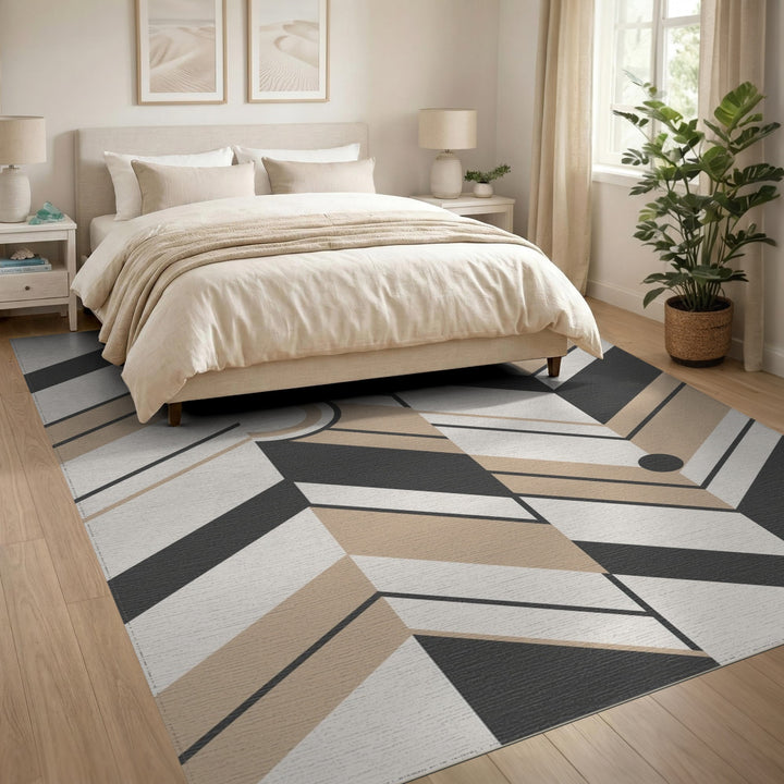 Beige Black Geometric Chevron Area Rug