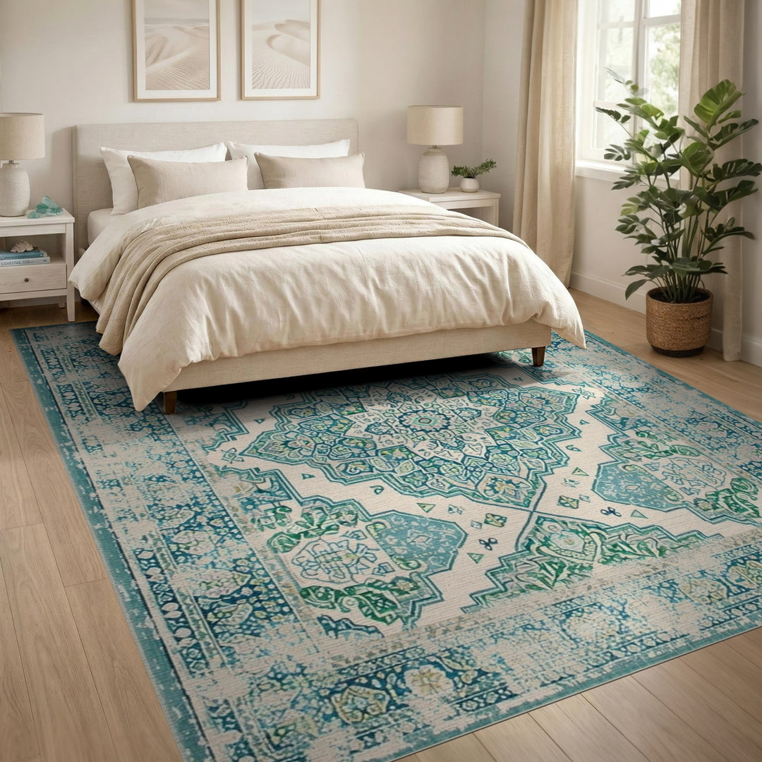 Blue and Teal Distressed Vintage Medallion Area Rug
