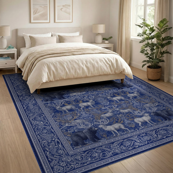 Blue Wildlife Area Rug with Deer and Bears