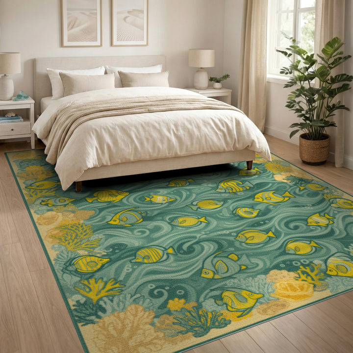 Yellow Fish Teal Wave Coastal Area Rug