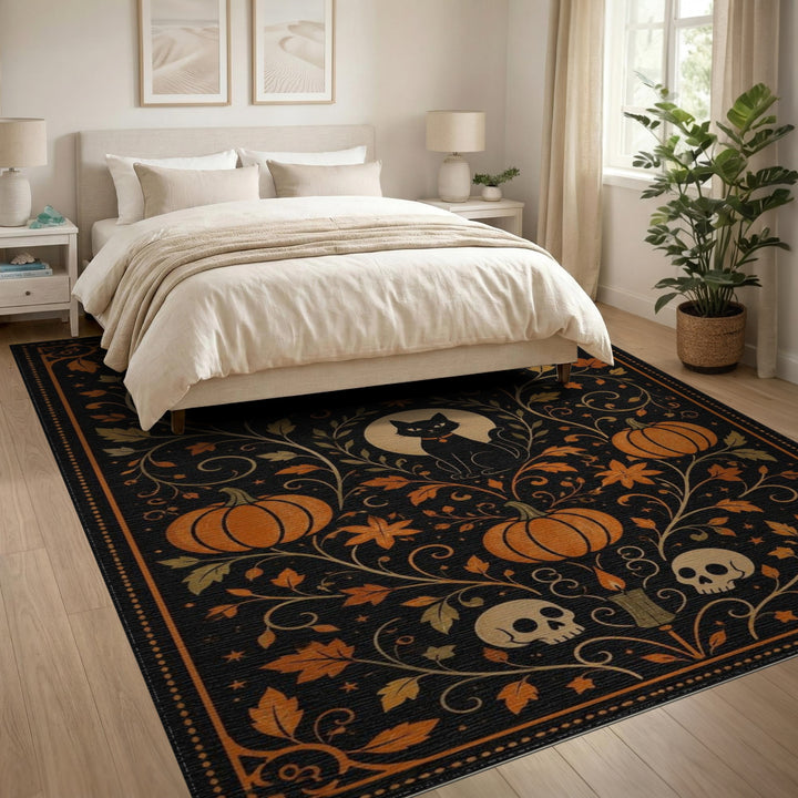 Orange Distressed Vintage Black Cat Pumpkin Halloween Area Rug