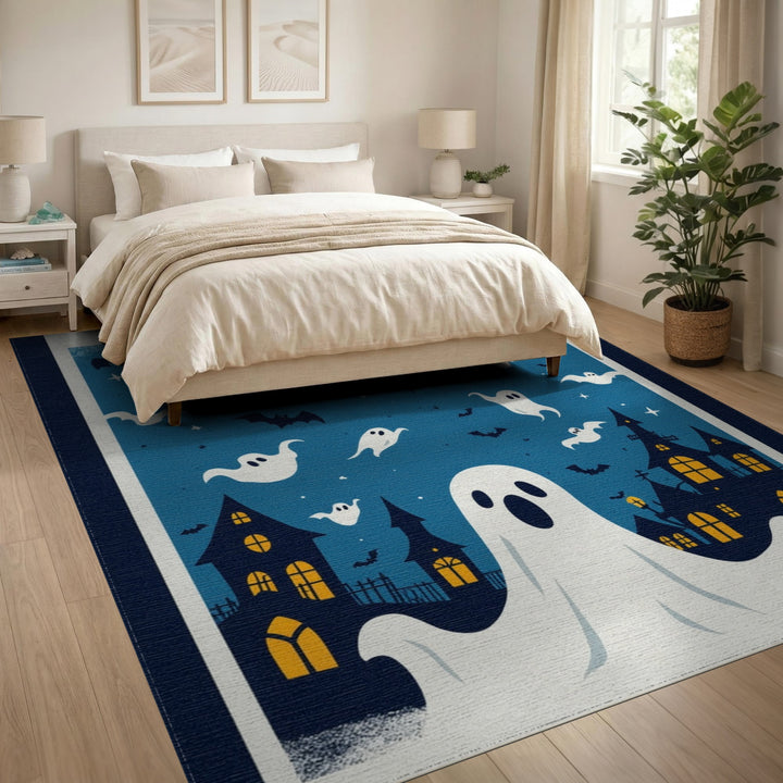 Halloween Ghosts and Bats Blue Area Rug