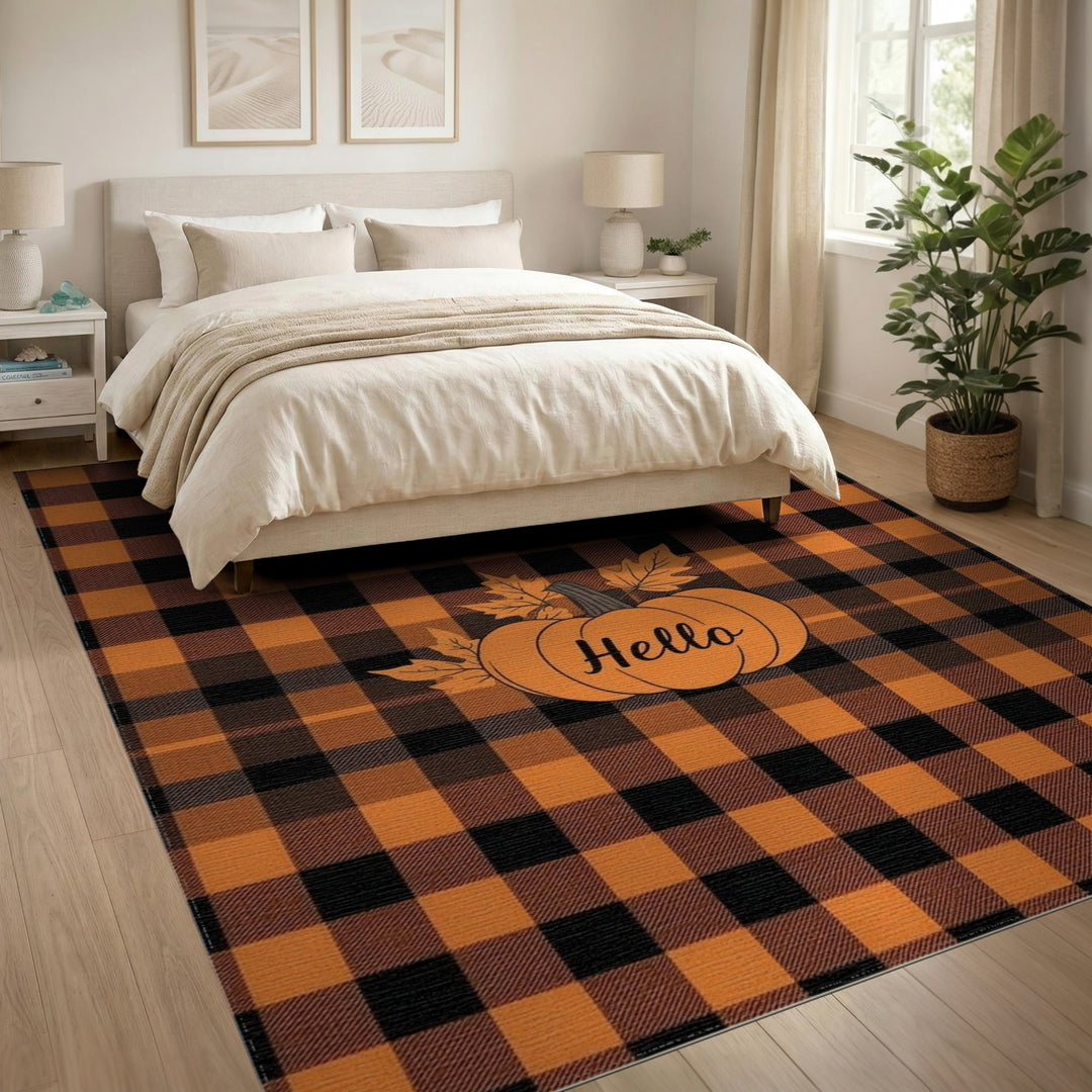 Hello Pumpkin Orange Plaid Area Rug