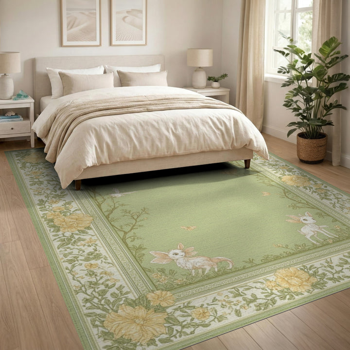Green Floral Vintage Fawn Area Rug