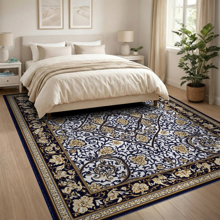 Black Gold Persian Floral Medallion Rug