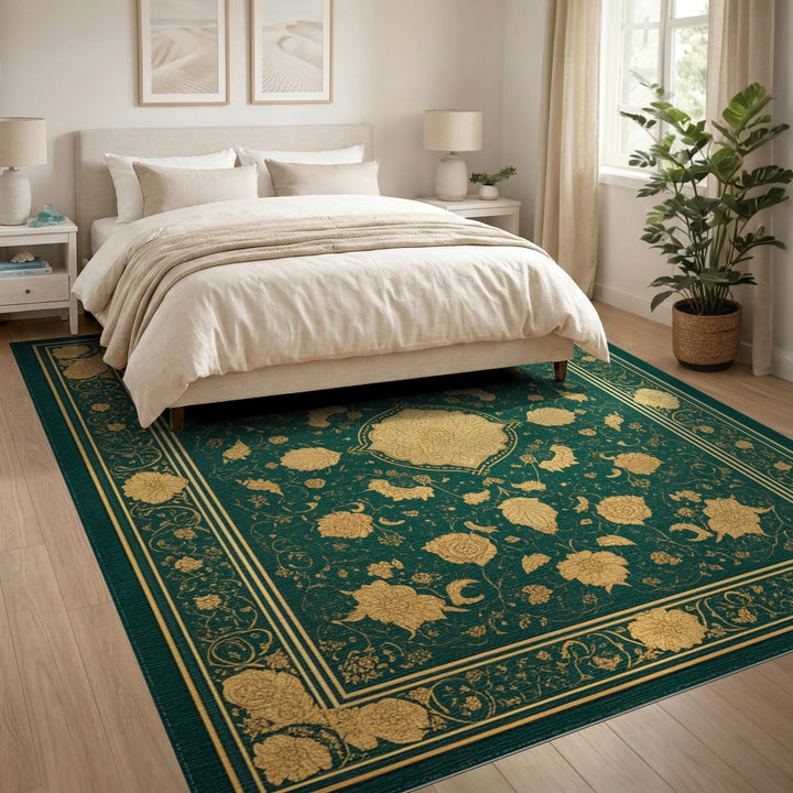 Green Gold Floral Persian Traditional Persian Area Rug