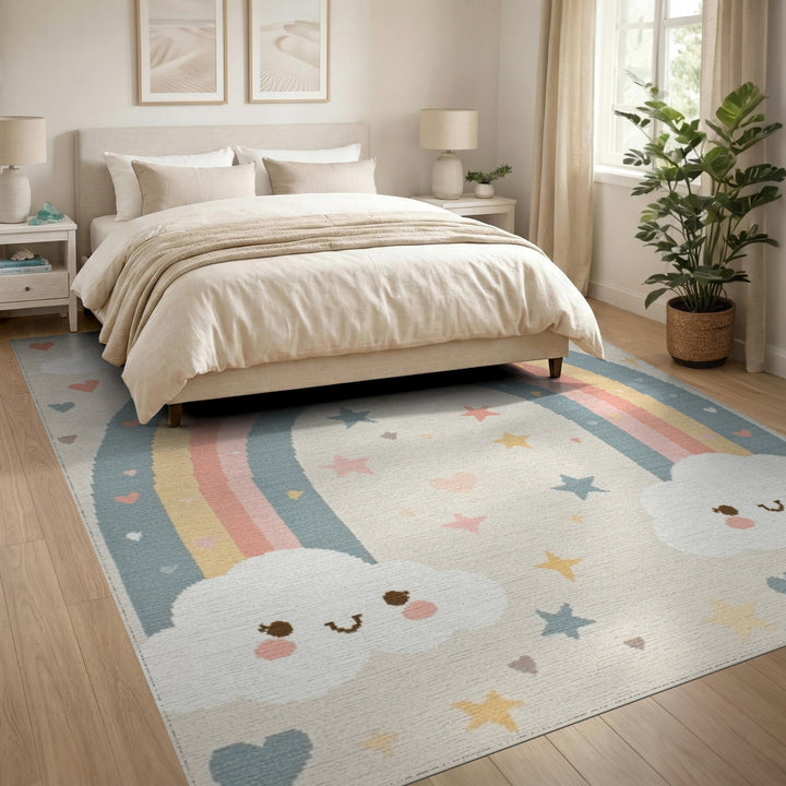 Pastel Rainbow Smiling Clouds Kids Area Rug