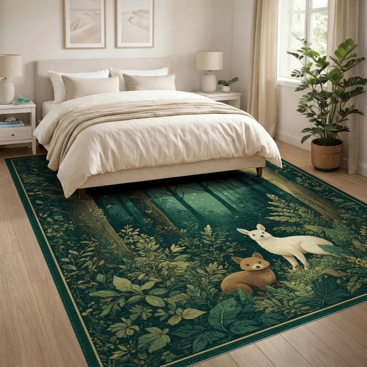 Enchanted Forest Foxes Green Area Rug
