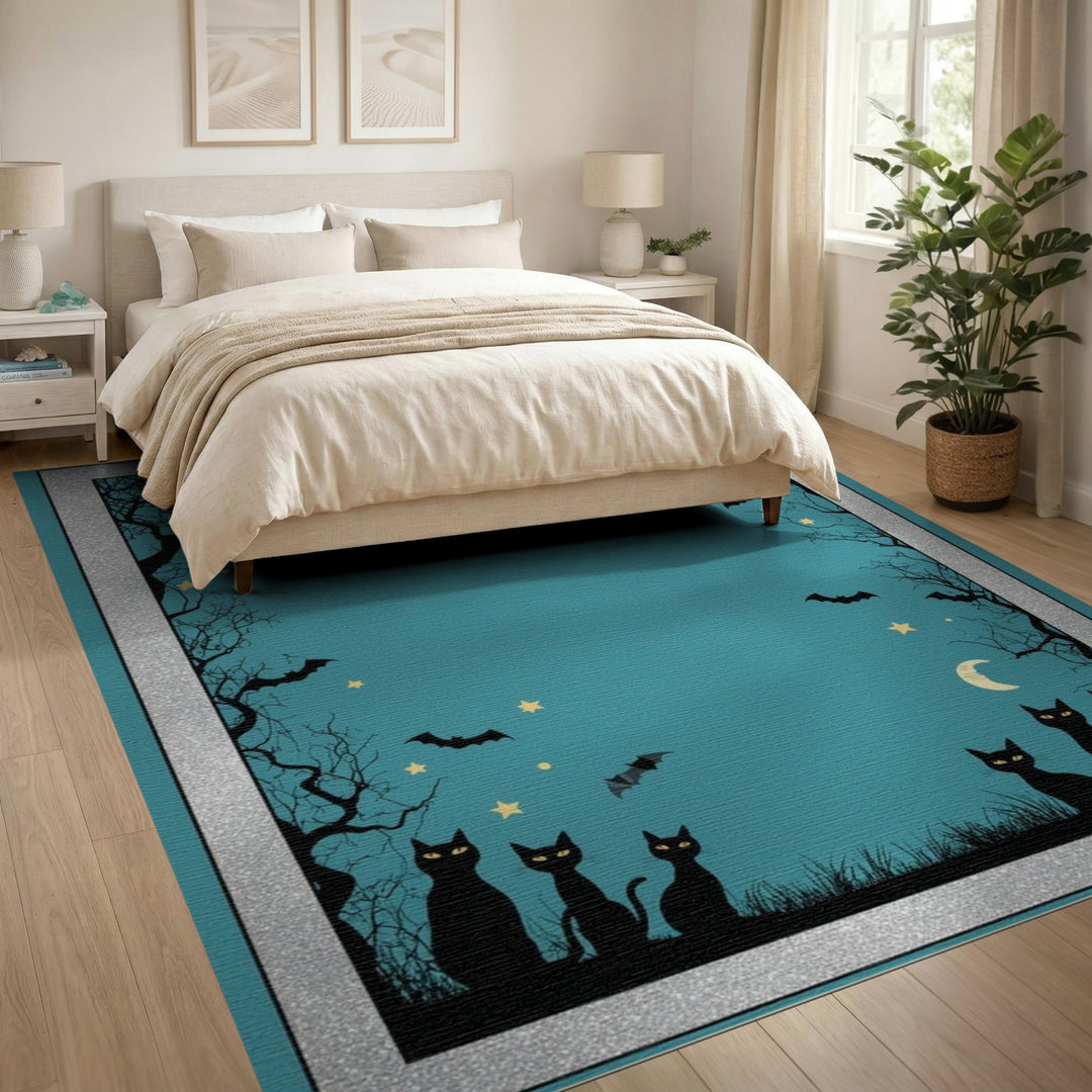 Midnight Black Cats Halloween Area Rug