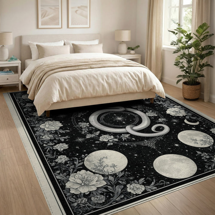 Black White Celestial Serpent Floral Rug