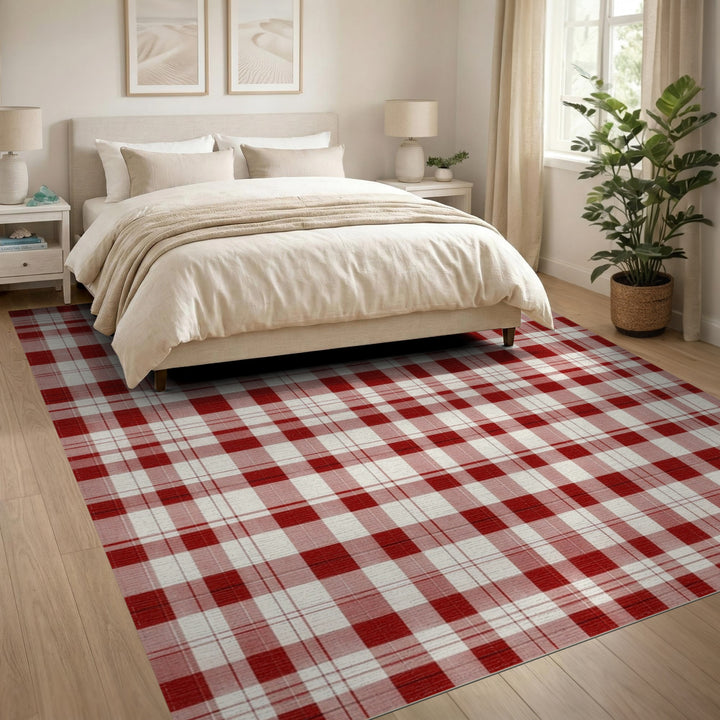 Red Rustic Farmhouse Red Checkered Washable Area Rug